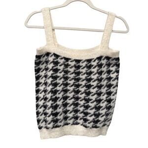 Willow & Wind Houndstooth Fuzzy Knit Crop Tank Top Sweater Cream‎ Black M